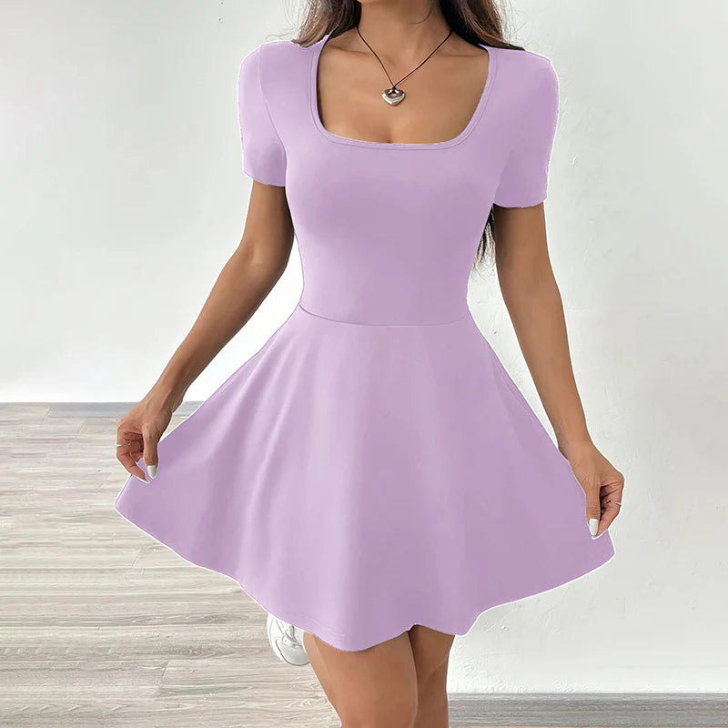 Women Square Neck Short Sleeve Ruffle Hem A-Line Dress