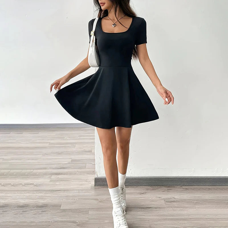 Women Square Neck Short Sleeve Ruffle Hem A-Line Dress